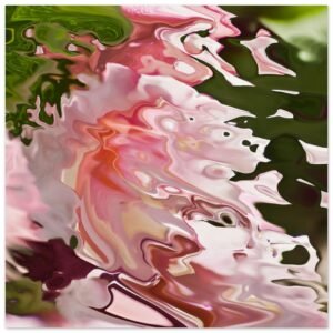 Light pink shades in acquerello texture in abstrat fluid shape on blurred green background