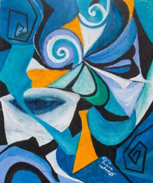 Blue Mood Artwork with abstract shapes in blue, white, black, and yellow tones