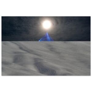 A surreal blue crystal pyramid at sunrise under the sun on the top of a white snow field on a black background.