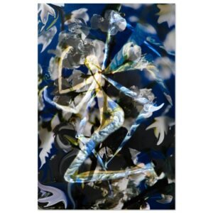 Central winged angel-like abstract image with a mottled blue yellow white pattern.