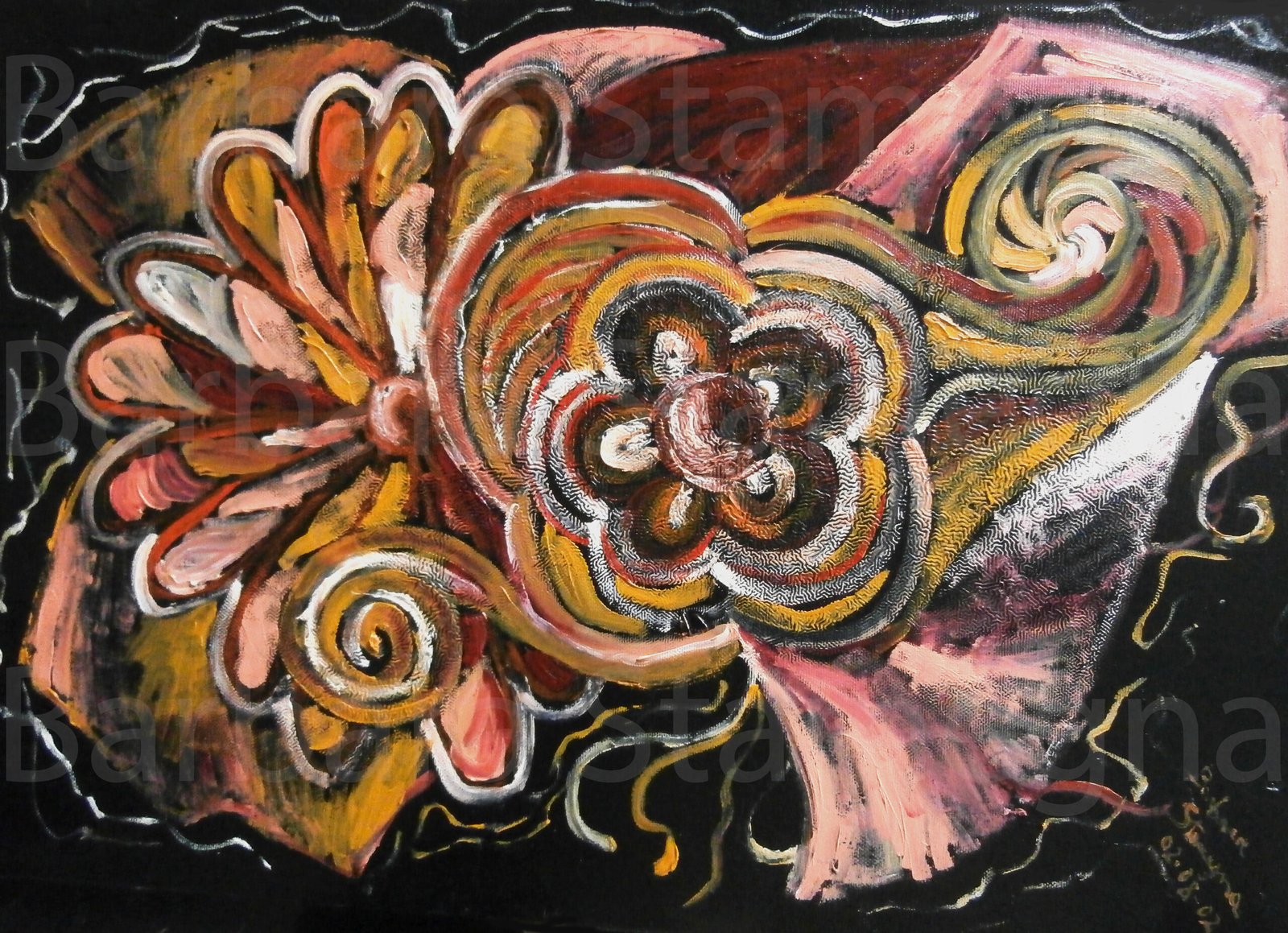 Reddish Pink Flowers Emotion original painting with pink, red, yellow, white, orange, brownish tones flowers image with curved shapes and bent lines, with curls and nuances on black irregular texture background.