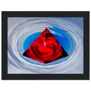 red crystal pyramid in a vortex against a backdrop of a blue sky with clouds