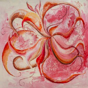 Romantic mood in pink, white, red, brownish, yellow, black, gray, orange tones image with petals like curved shapes and with bended lines and curls on pink and white shades of enamel background, with nuances