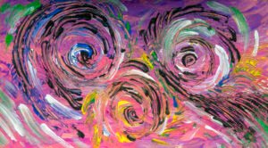 Multicolored abstract swirls image in pink, fuchsia, purple, violet, green, light green, yellow, blue, white and black colors.