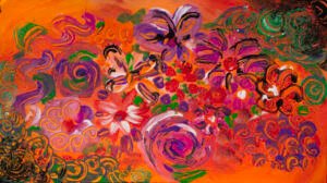 abstract colorful flowers: a flower garden composition like image in dominant orange color with shades, and pink, fuchsia, purple, violet, green, red, white and black colors. Tempera painting.