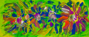 Abstract Multicolored Flowers showcases four vibrant flowers in shades of blue, red, and fuchsia, set against a lush green background.