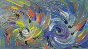 Abstract image with 2 multicolored spirals and round shapes in shades of blue, orange, yellow, purple, black and white colors